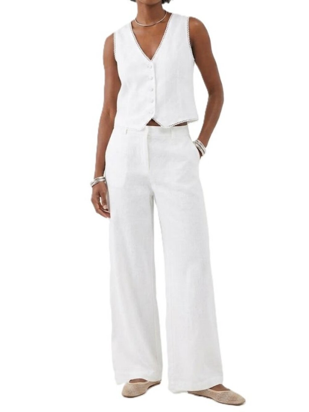 LAURA ASHLEY White Linen Vest Waistcoat Medium Cropped Button Front NWT